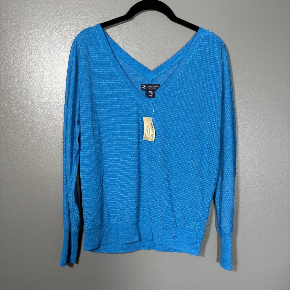 American Eagle NWT Women's Boxy Long Sleeve Blue Striped Tee - Small - Metallic